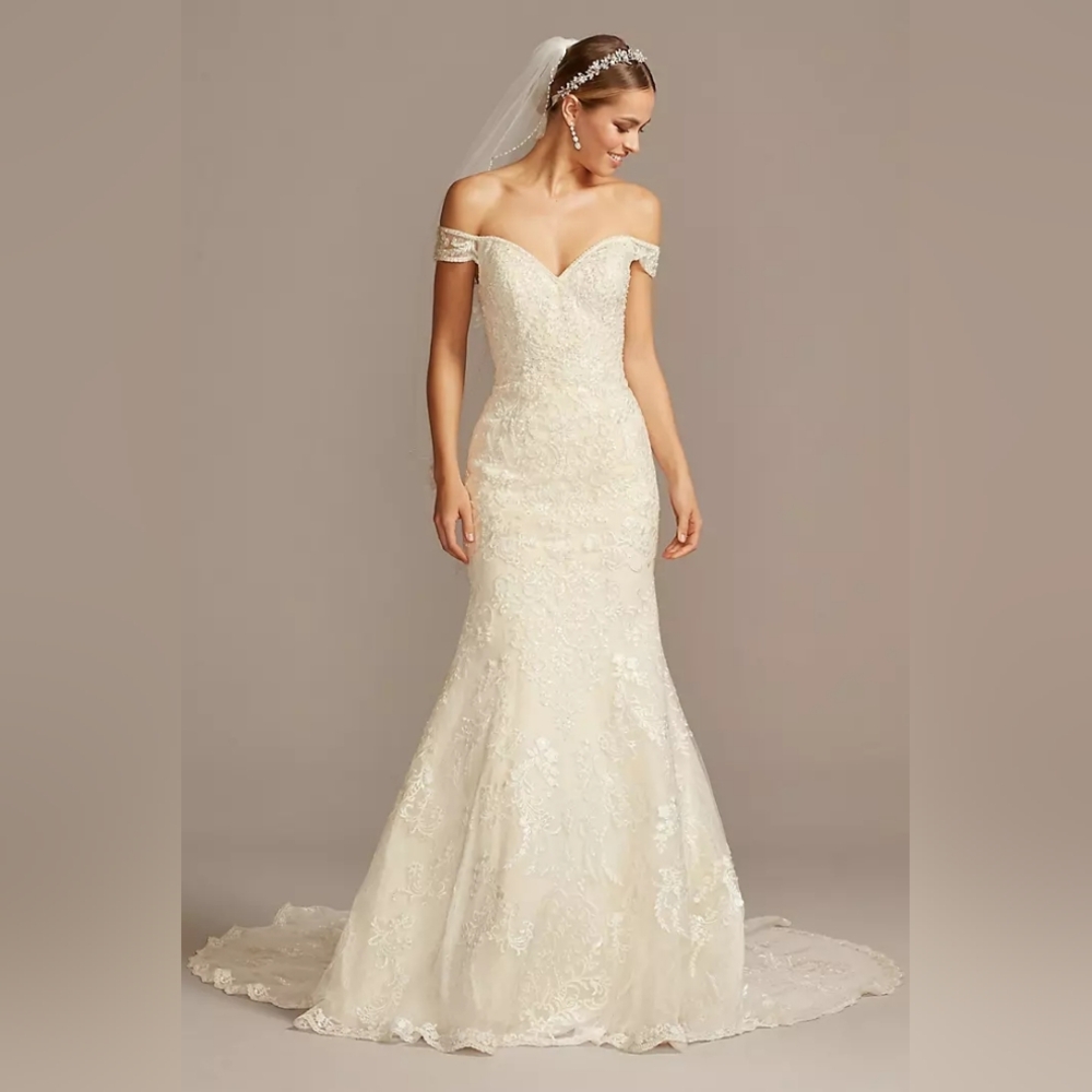 Elegant White Off-Shoulder Beaded/Sequined  Lace Wedding Dress Xtra Long Train